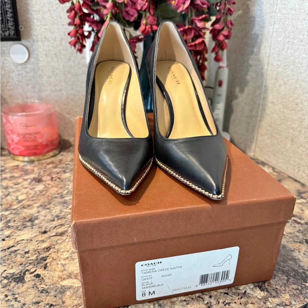 Women’s Coach Tamera Black Leather Heels with Gold Beading Size 8